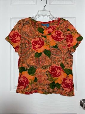 TeeCo Y2K Floral Paisley Short Sleeve Tee - Orange, Red, Green